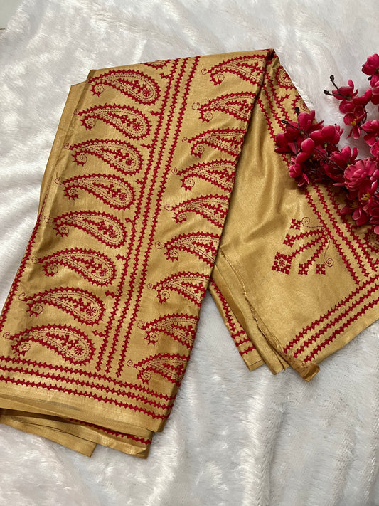 Golden yellow Kantha Stitch Saree with intricate paisley motif embroidery handcrafted by Desi Aadat artisans