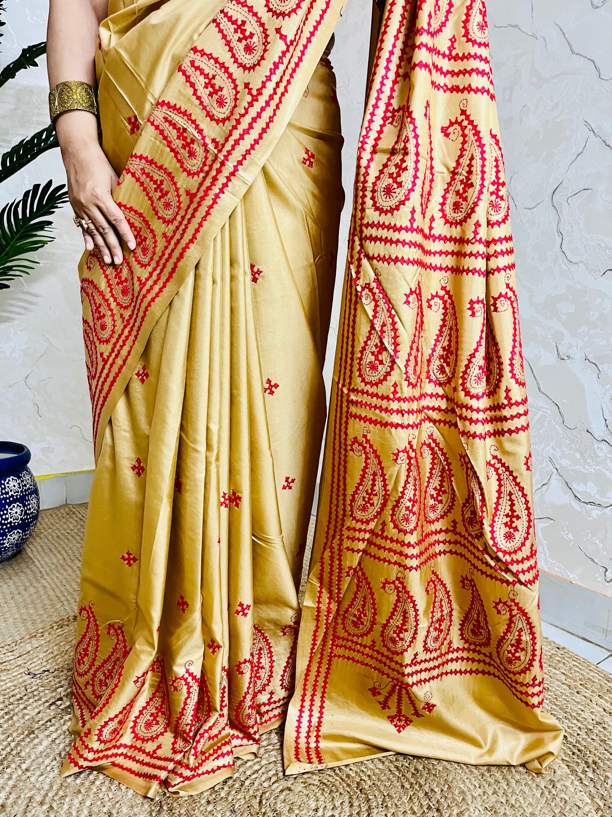 Golden yellow Kantha Stitch Saree with intricate paisley motif embroidery handcrafted by Desi Aadat artisans