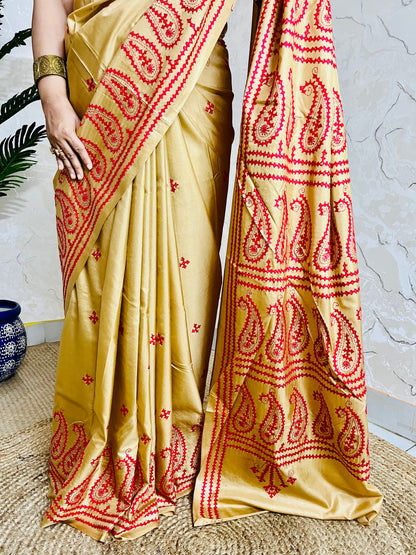 Golden yellow Kantha Stitch Saree with intricate paisley motif embroidery handcrafted by Desi Aadat artisans