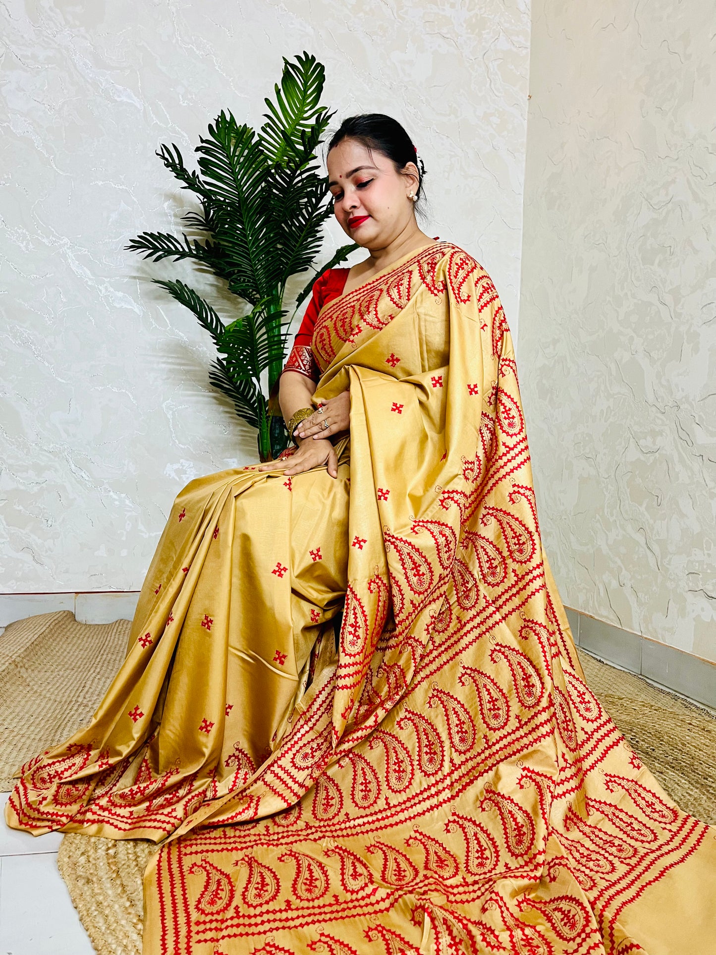 Golden yellow Kantha Stitch Saree with intricate paisley motif embroidery handcrafted by Desi Aadat artisans