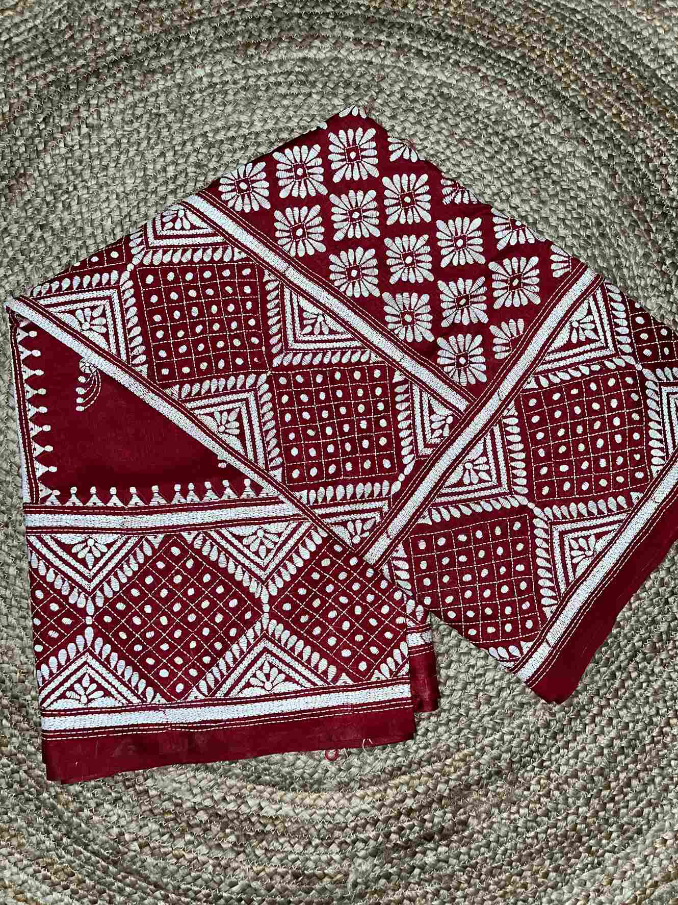 Maroon Red Gujarati Stitch Saree with Kutch & Kantha fusion embroidery on blended Bangalore silk by Desi Aadat