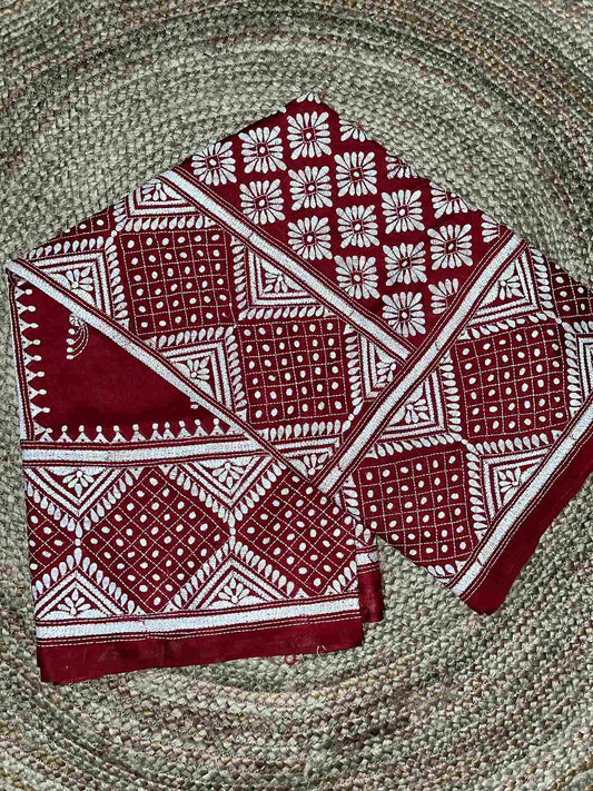 Maroon Red Gujarati Stitch Saree with Kutch & Kantha fusion embroidery on blended Bangalore silk by Desi Aadat