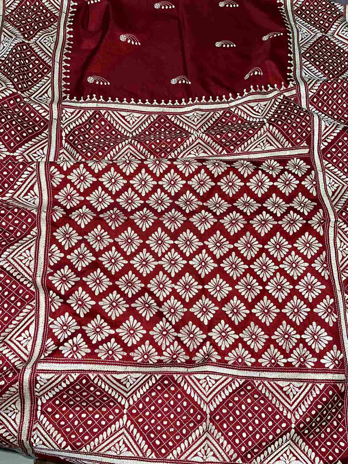 Maroon Red Gujarati Stitch Saree with Kutch & Kantha fusion embroidery on blended Bangalore silk by Desi Aadat