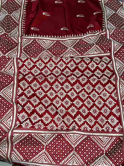 Maroon Red Gujarati Stitch Saree with Kutch & Kantha fusion embroidery on blended Bangalore silk by Desi Aadat
