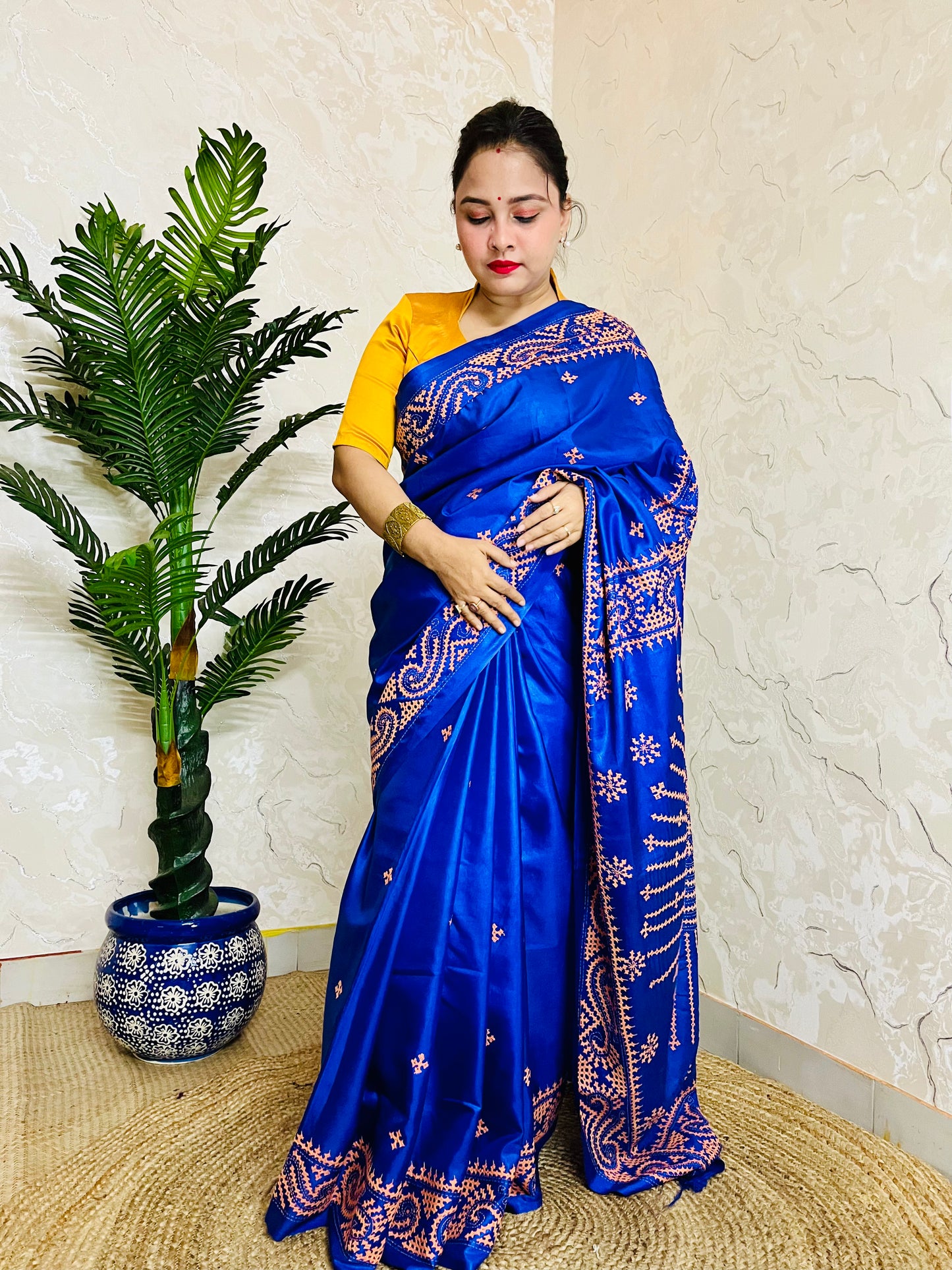 Royal Blue Gujarati Stitch Saree with Kutch hand embroidery on blended Bangalore silk by Desi Aadat
