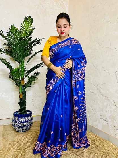 Royal Blue Gujarati Stitch Saree with Kutch hand embroidery on blended Bangalore silk by Desi Aadat
