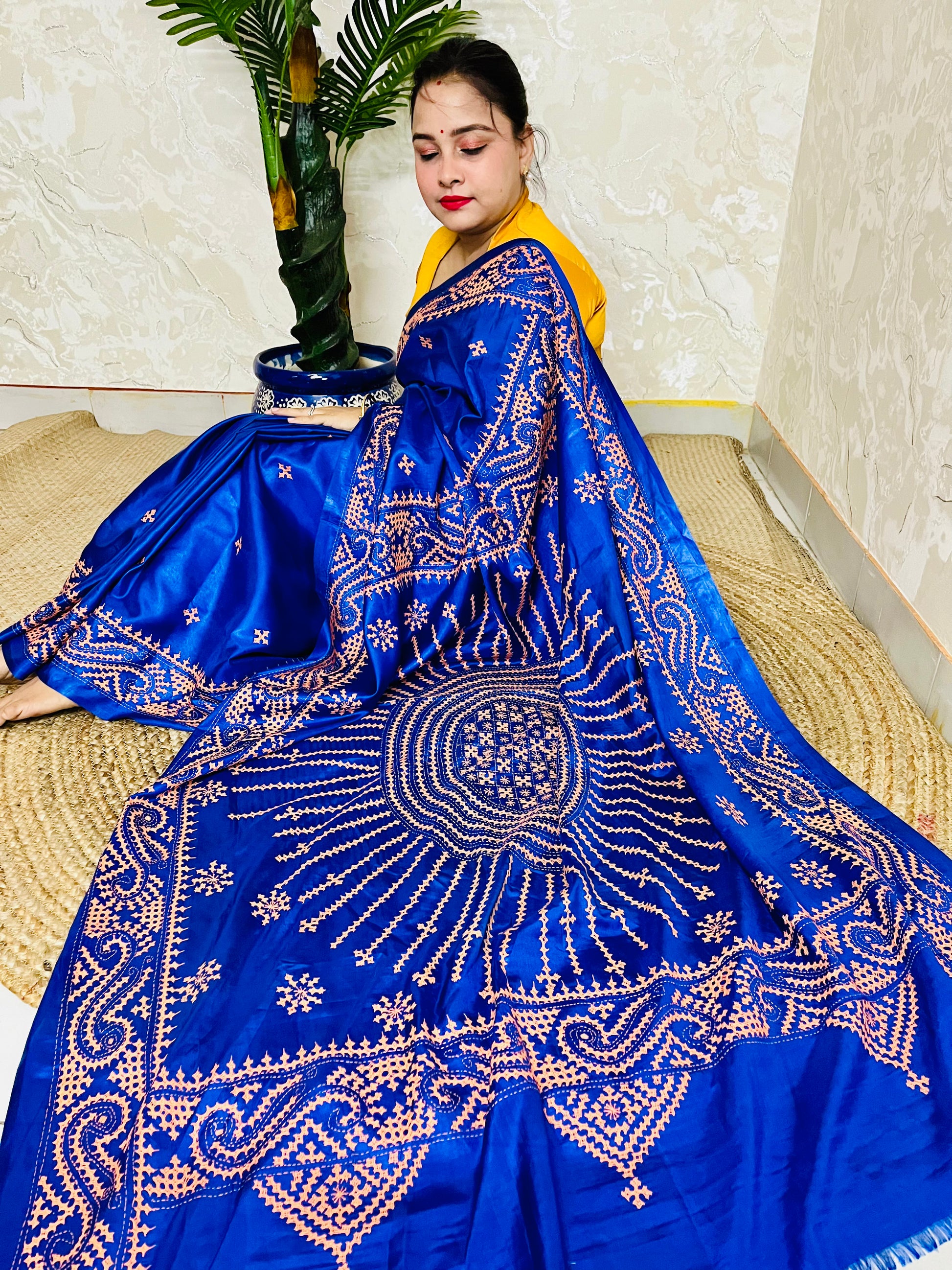 Royal Blue Gujarati Stitch Saree with Kutch hand embroidery on blended Bangalore silk by Desi Aadat