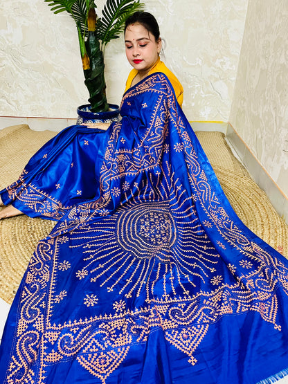 Royal Blue Gujarati Stitch Saree with Kutch hand embroidery on blended Bangalore silk by Desi Aadat