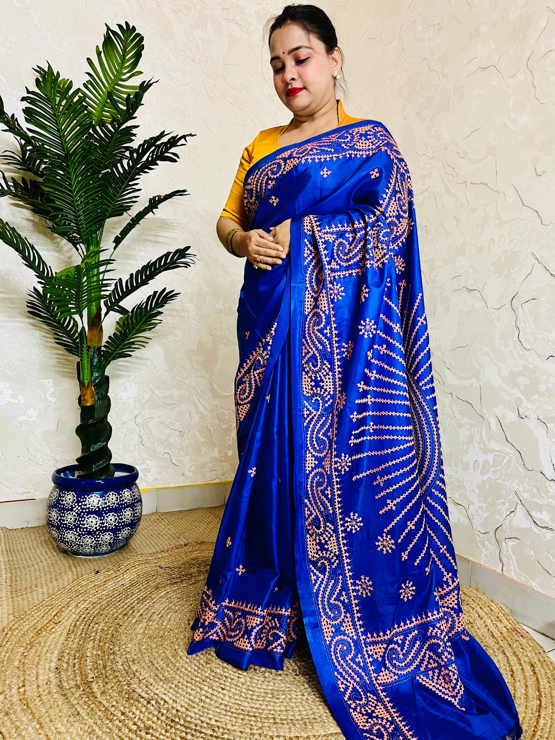 Royal Blue Gujarati Stitch Saree with Kutch hand embroidery on blended Bangalore silk by Desi Aadat