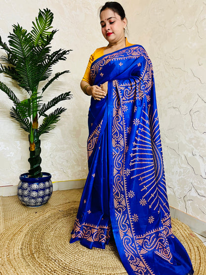 Royal Blue Gujarati Stitch Saree with Kutch hand embroidery on blended Bangalore silk by Desi Aadat