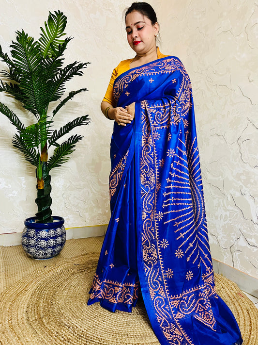 Royal Blue Gujarati Stitch Saree with Kutch hand embroidery on blended Bangalore silk by Desi Aadat