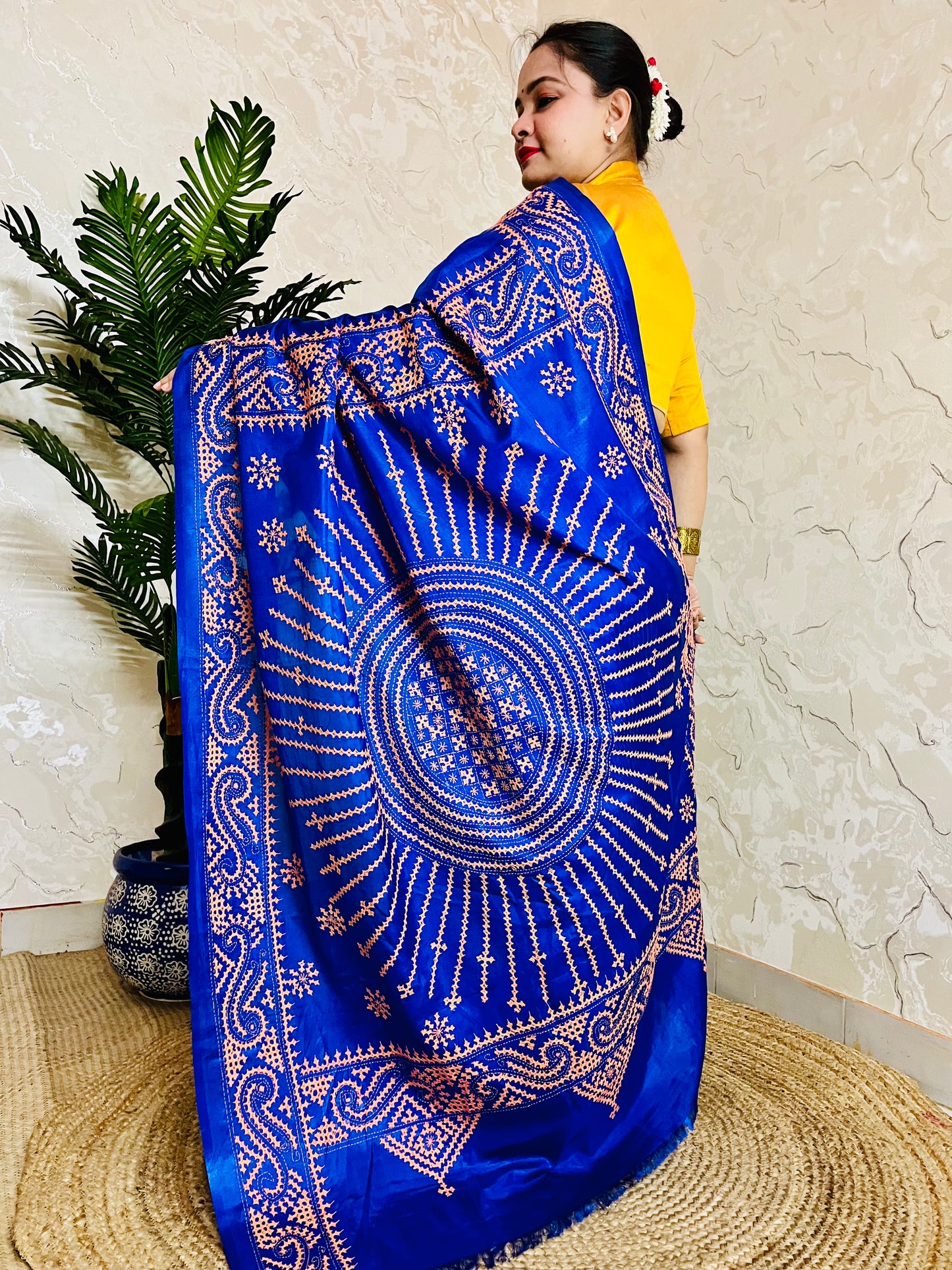 Royal Blue Gujarati Stitch Saree with Kutch hand embroidery on blended Bangalore silk by Desi Aadat