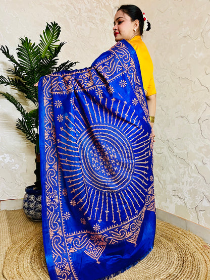 Royal Blue Gujarati Stitch Saree with Kutch hand embroidery on blended Bangalore silk by Desi Aadat