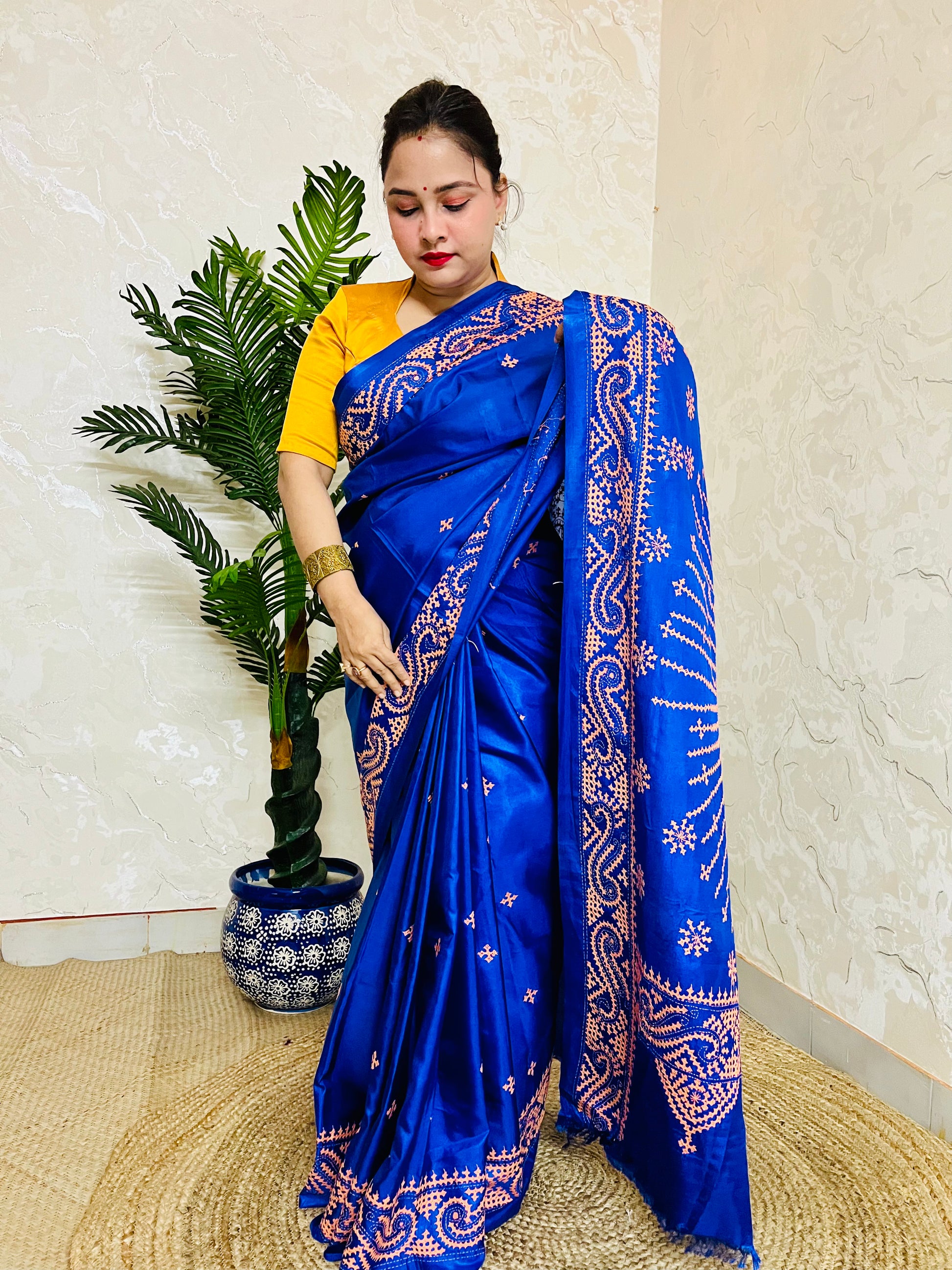 Royal Blue Gujarati Stitch Saree with Kutch hand embroidery on blended Bangalore silk by Desi Aadat