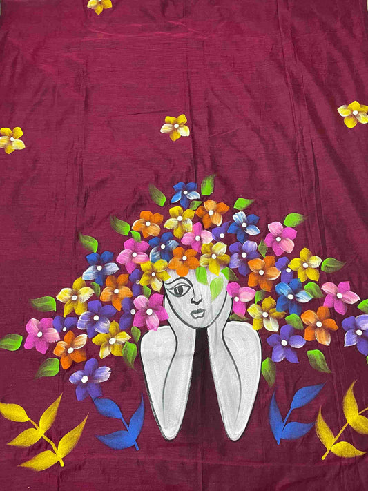 Dark Maroon mul-cotton saree with exquisite hand-painted Doll design – Limited edition.