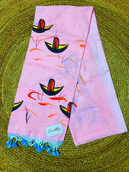 Hand-painted Nauko design mul-cotton saree in Light Pink – A blend of elegance and tradition.