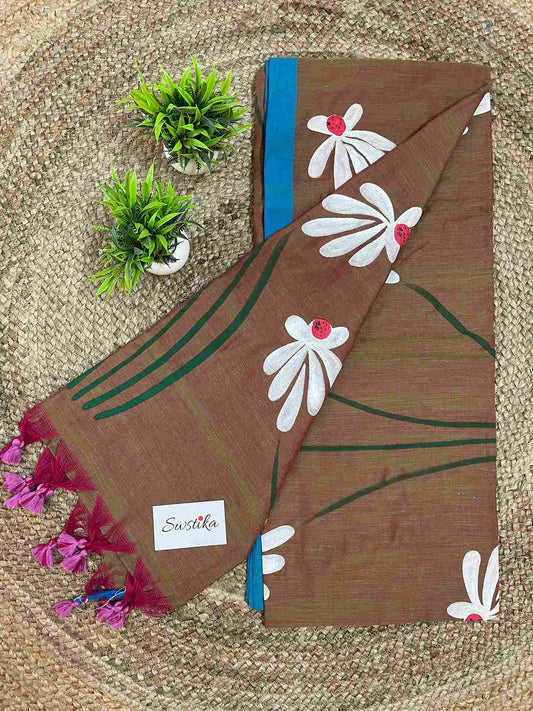 Desi Aadat Hand Painted Shapla Design Mul Cotton Saree - Earthy Brown