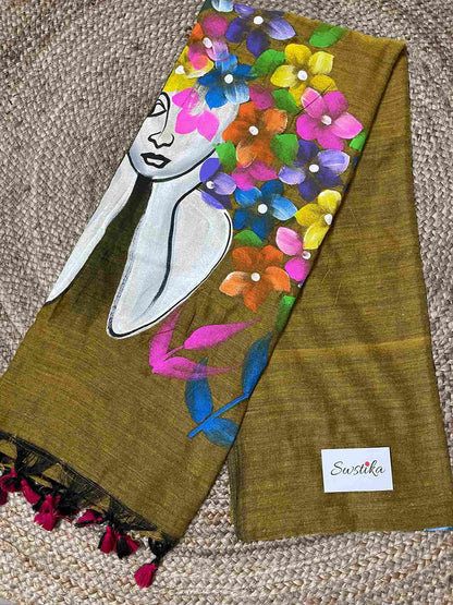 Desi Aadat Hand Painted Doll Design Mul Cotton Saree - Mustard Dark Gold