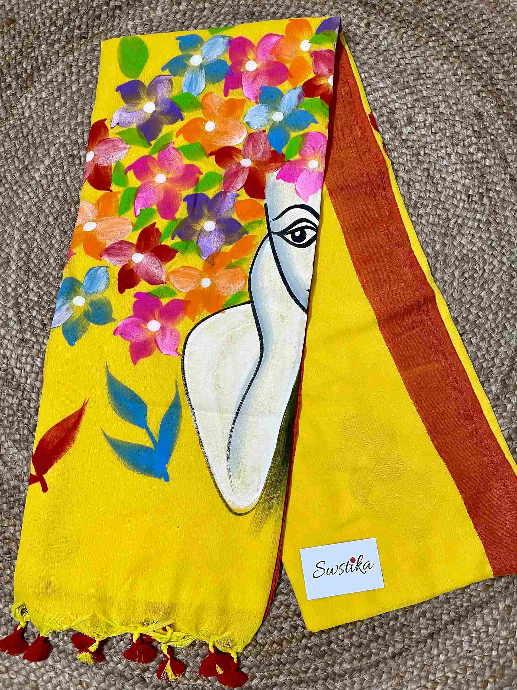 Yellow Hand Painted Doll Mul-Cotton Saree by Desi Aadat