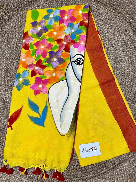 Yellow Hand Painted Doll Mul-Cotton Saree by Desi Aadat