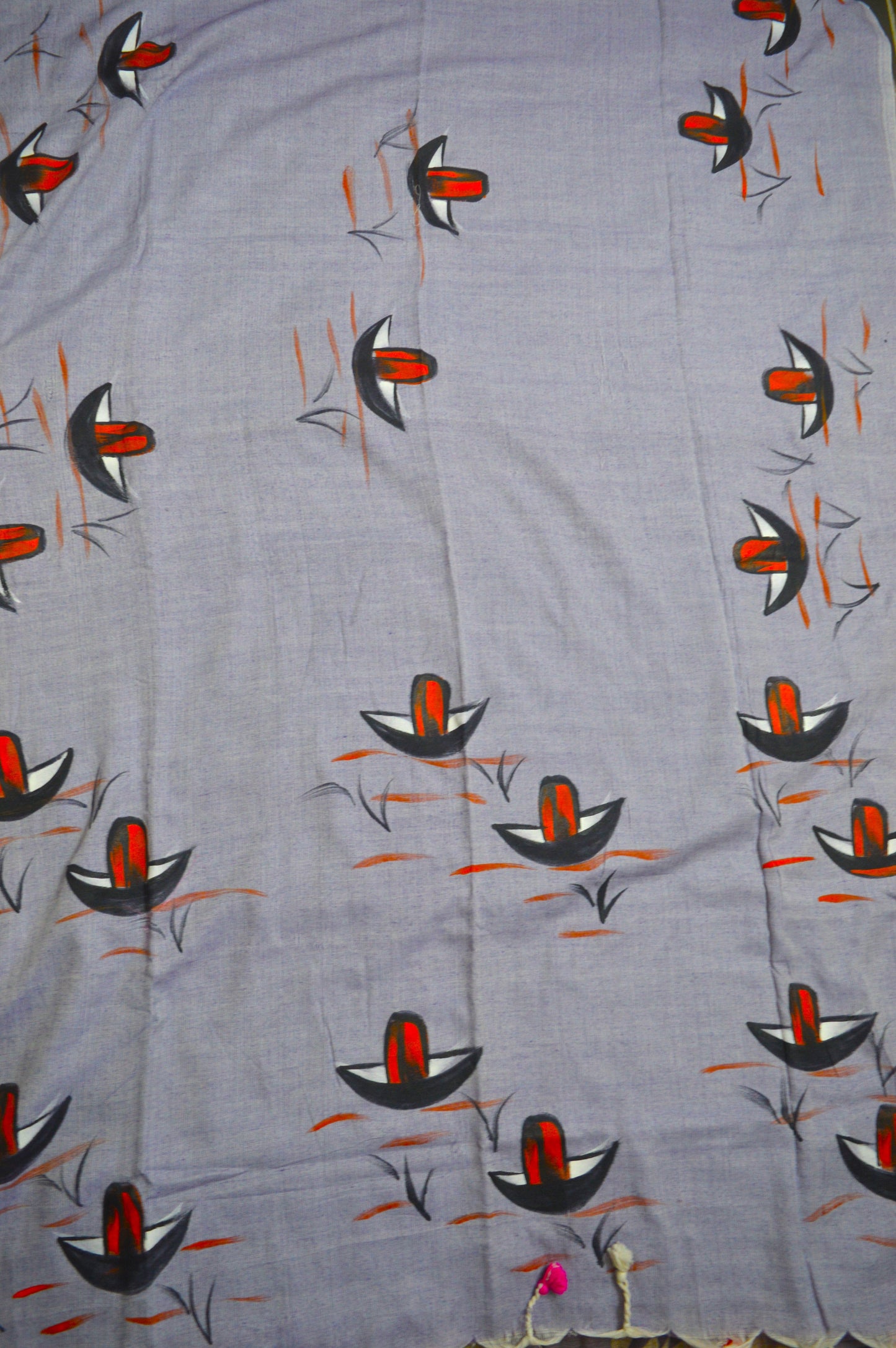Close-up of hand-painted Nauko design on Violet Blue mul mul cotton saree