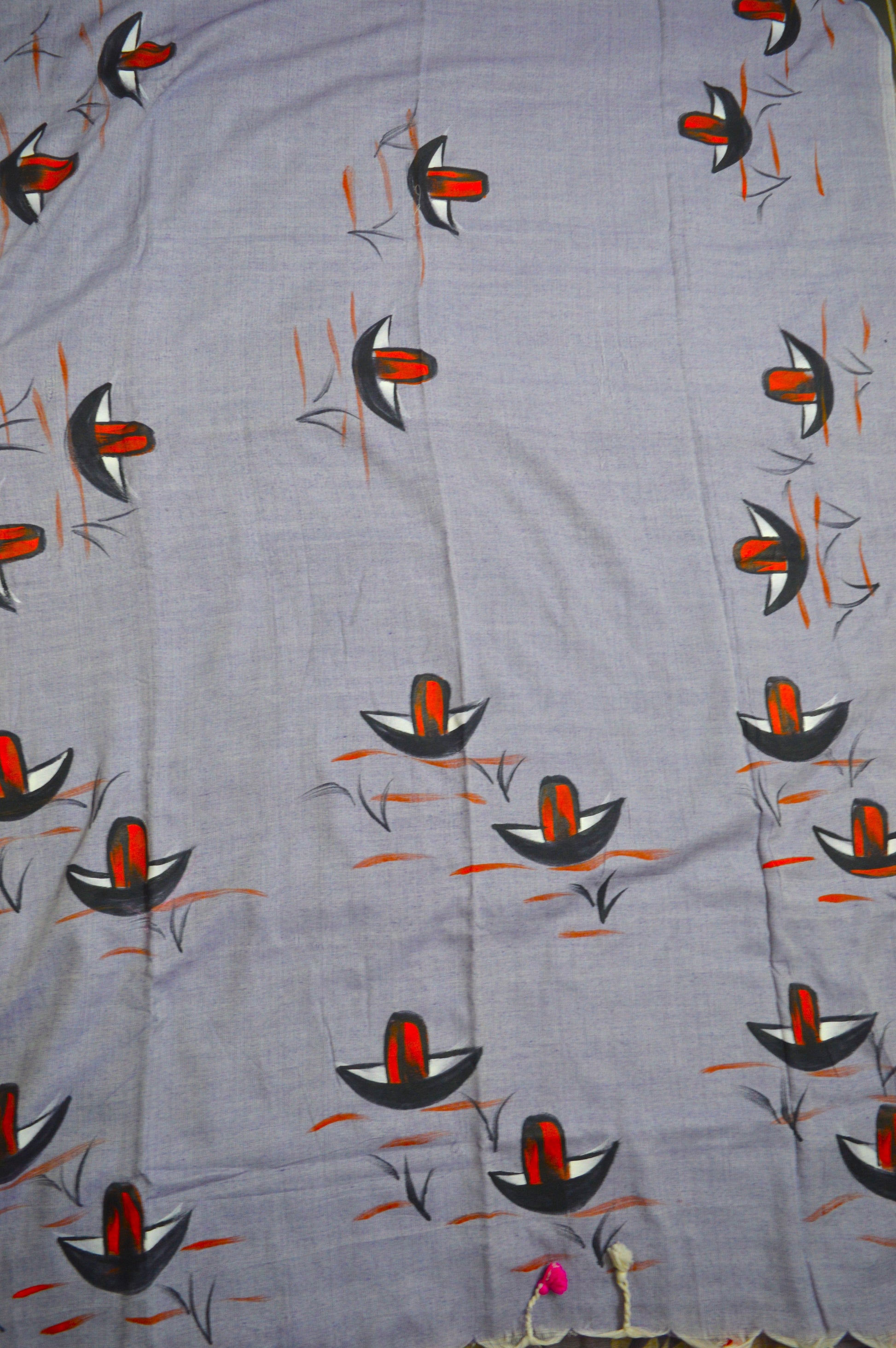Close-up of hand-painted Nauko design on Violet Blue mul mul cotton saree
