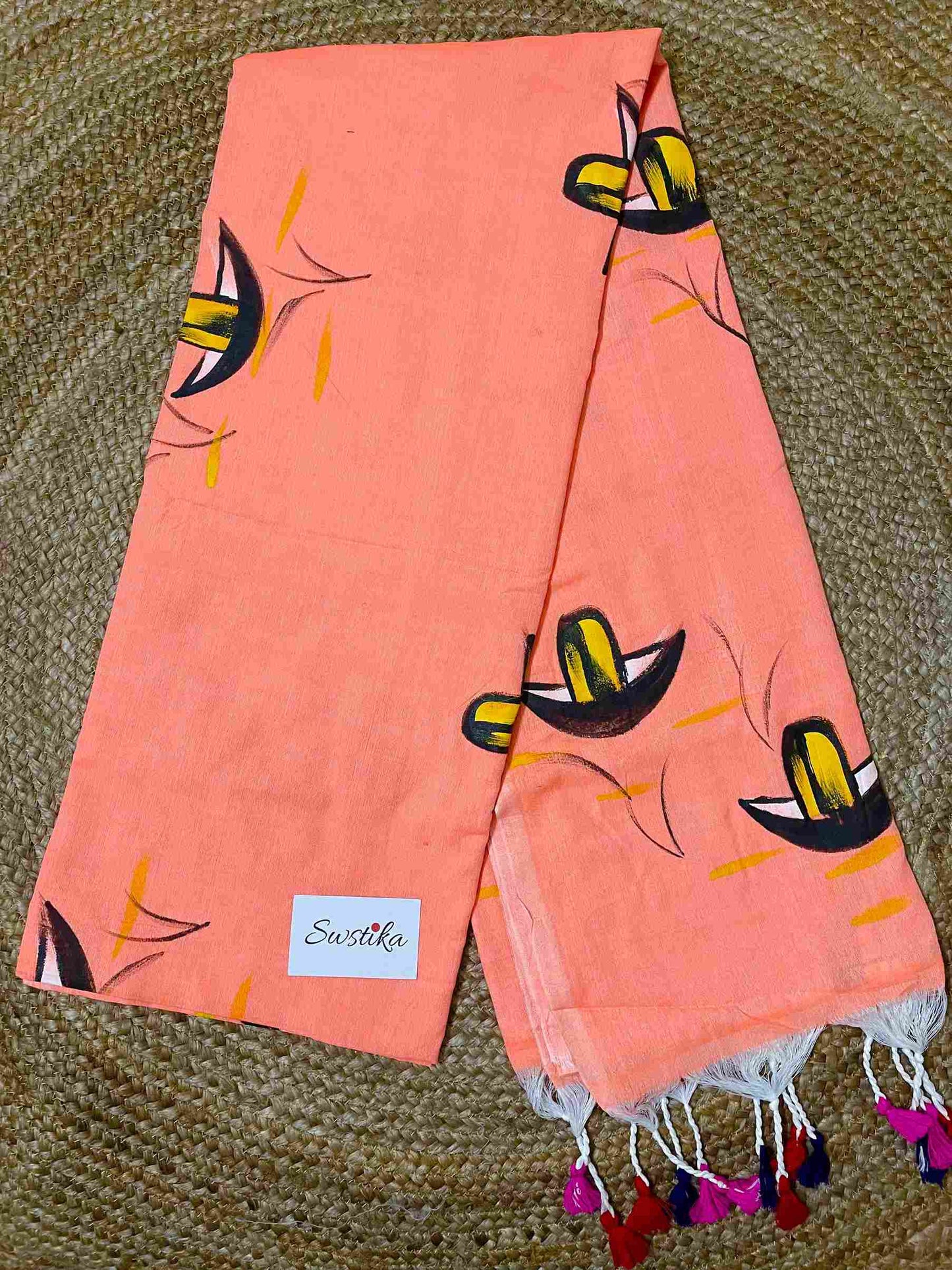 Fluorescent Peach Hand Painted Nauko Mul-Cotton Saree by Desi Aadat
