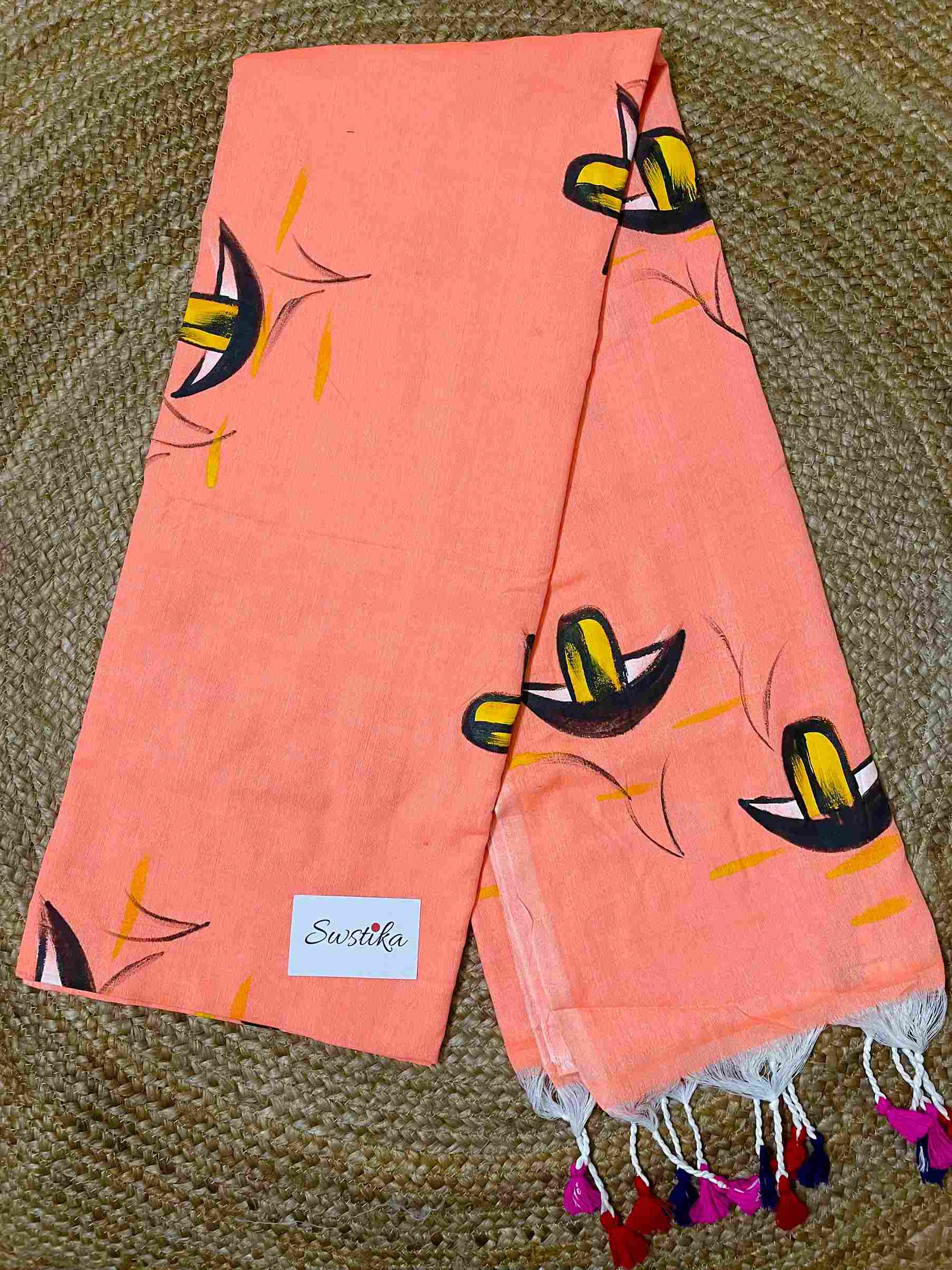 Fluorescent Peach Hand Painted Nauko Mul-Cotton Saree by Desi Aadat