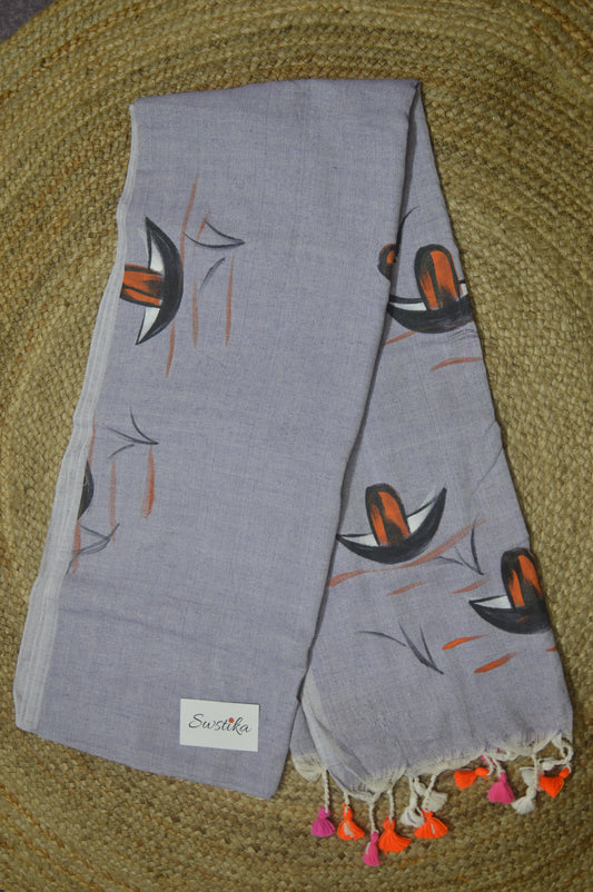 Violet Blue Hand Painted Nauko Mul-Cotton Saree by Desi Aadat