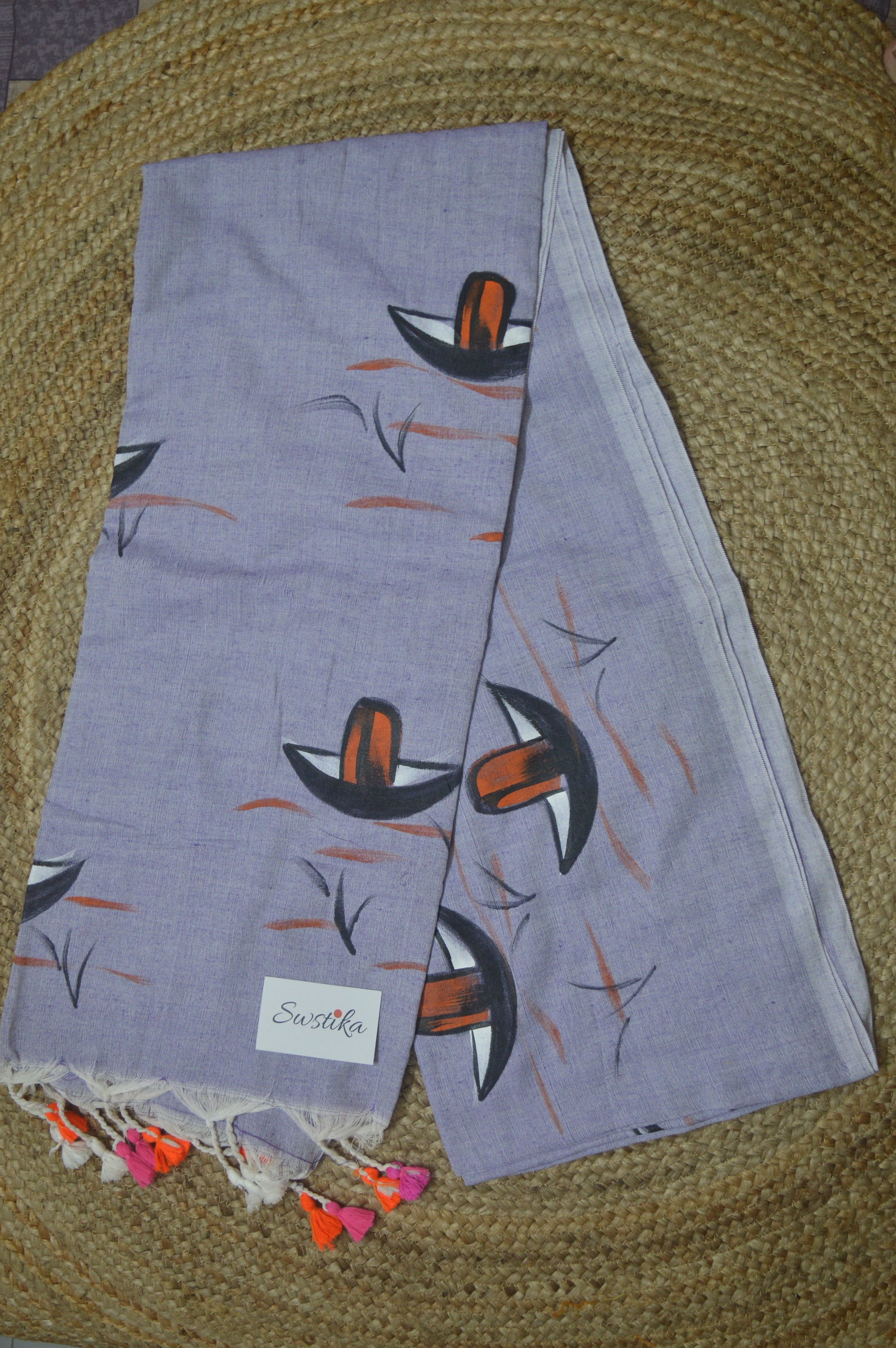 Violet Blue Hand Painted Nauko Mul-Cotton Saree by Desi Aadat