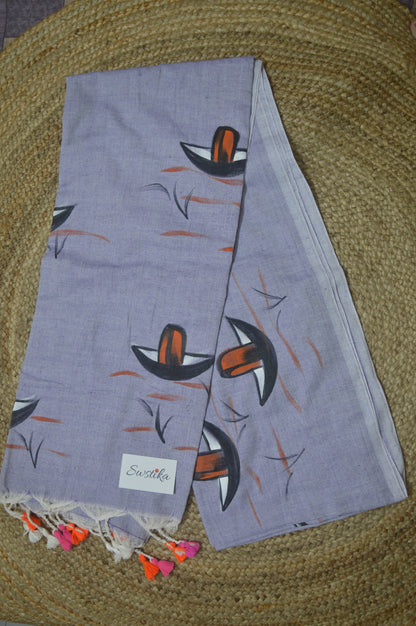 Violet Blue Hand Painted Nauko Mul-Cotton Saree by Desi Aadat