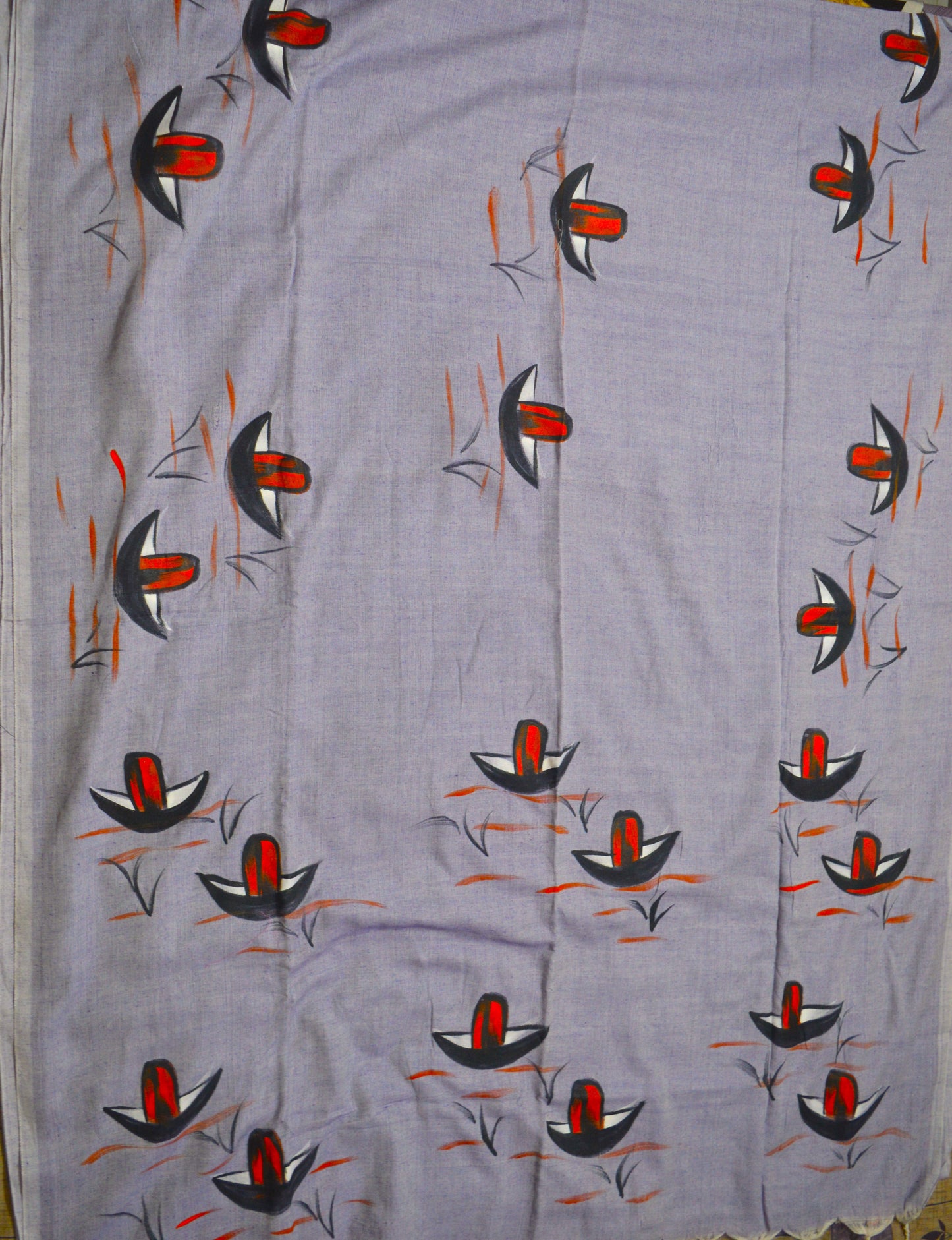 Close-up of hand-painted Nauko design on Violet Blue mul mul cotton saree