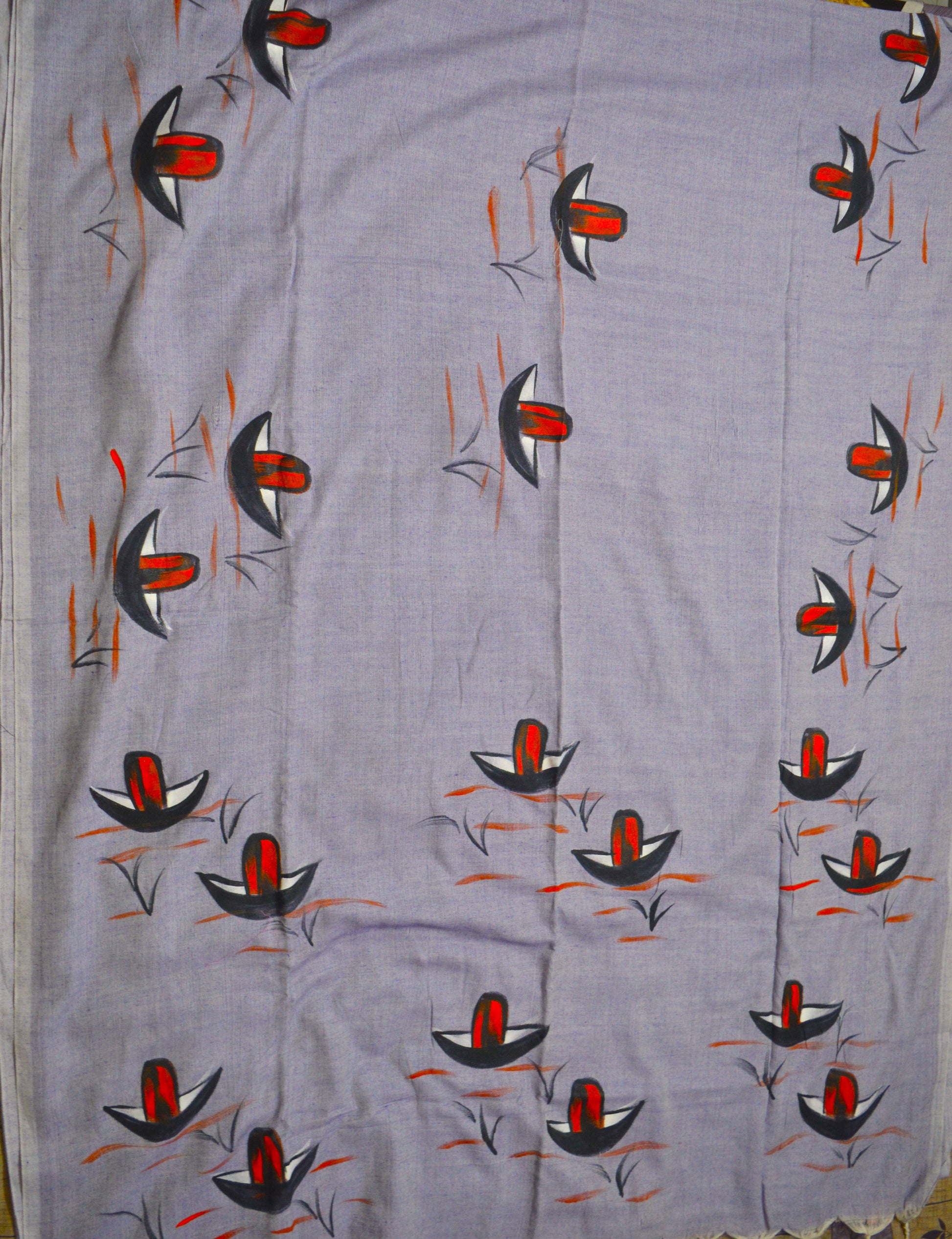 Close-up of hand-painted Nauko design on Violet Blue mul mul cotton saree