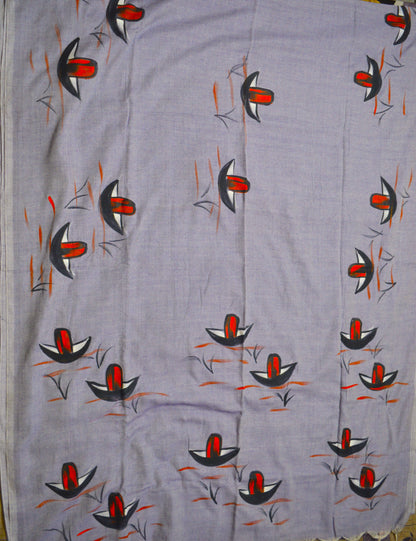 Close-up of hand-painted Nauko design on Violet Blue mul mul cotton saree