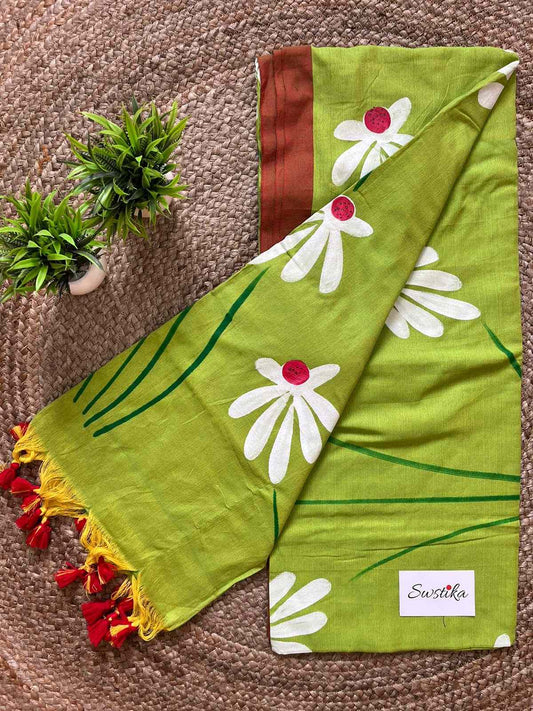 Green Hand Painted Shapla Mul-Cotton Saree by Desi Aadat
