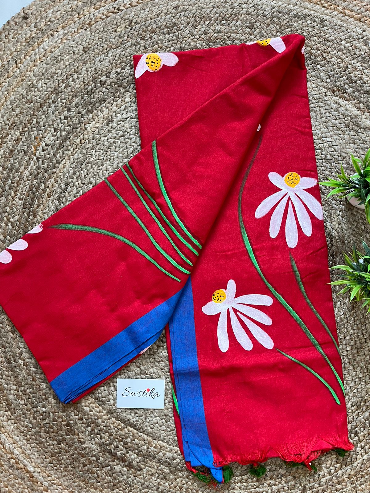 Red Hand Painted Shapla Mul-Cotton Saree by Desi Aadat