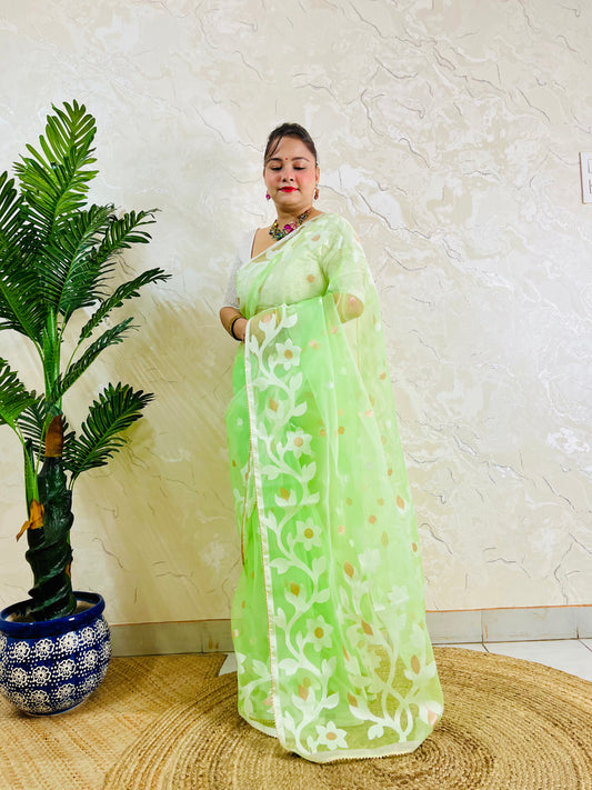 A woman wearing a light green saree with white floral embroidery and small gold accents, standing indoors next to a potted palm tree against a textured beige wall.