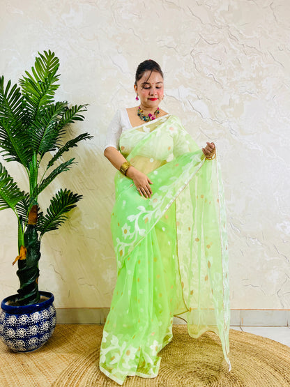 A woman wearing a light green saree with white floral patterns and a white blouse, standing in front of a textured beige wall next to a potted palm tree.