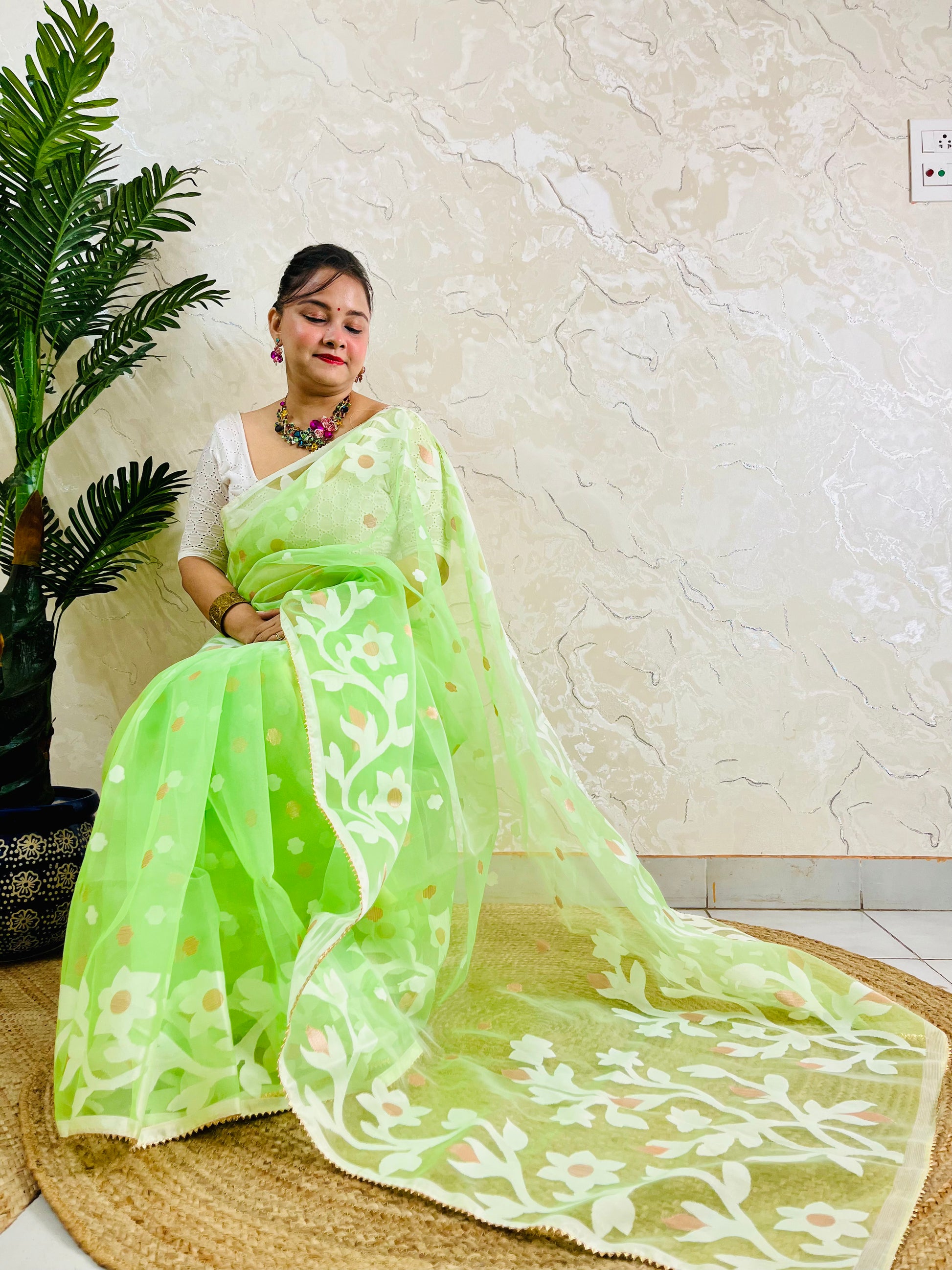A woman wearing a light green saree with white floral embroidery and a white blouse, seated on a woven mat against a textured beige wall with a potted plant on the left.