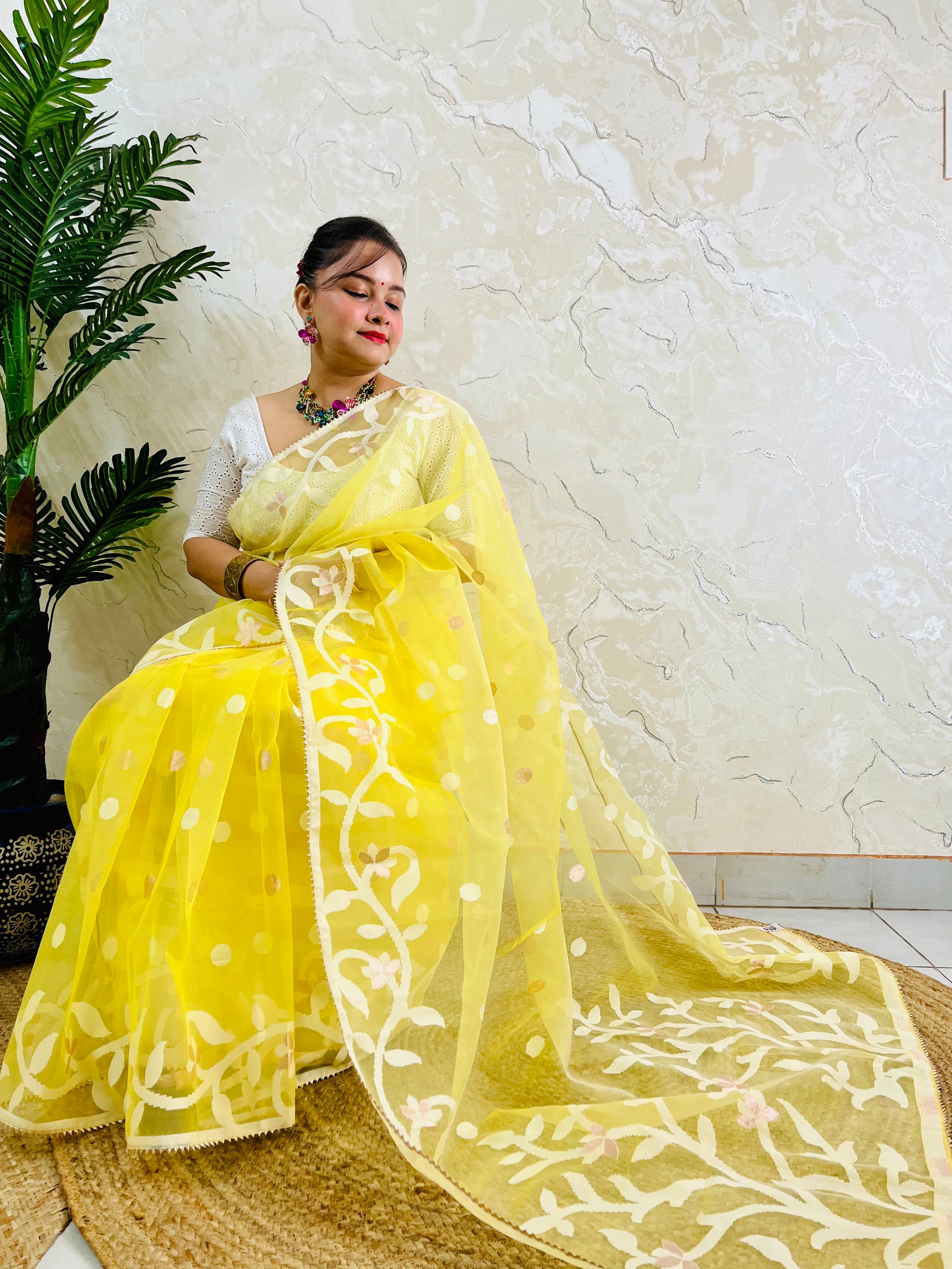 Resham Silk Muslin Saree with Jamdani handloom weave by Desi Aadat