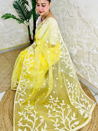 Mustard Yellow Resham Silk Muslin Jamdani Saree