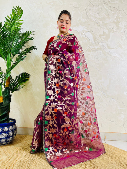 A woman wearing a purple and magenta saree with colorful floral embroidery, standing in front of a textured beige wall next to a potted green plant.