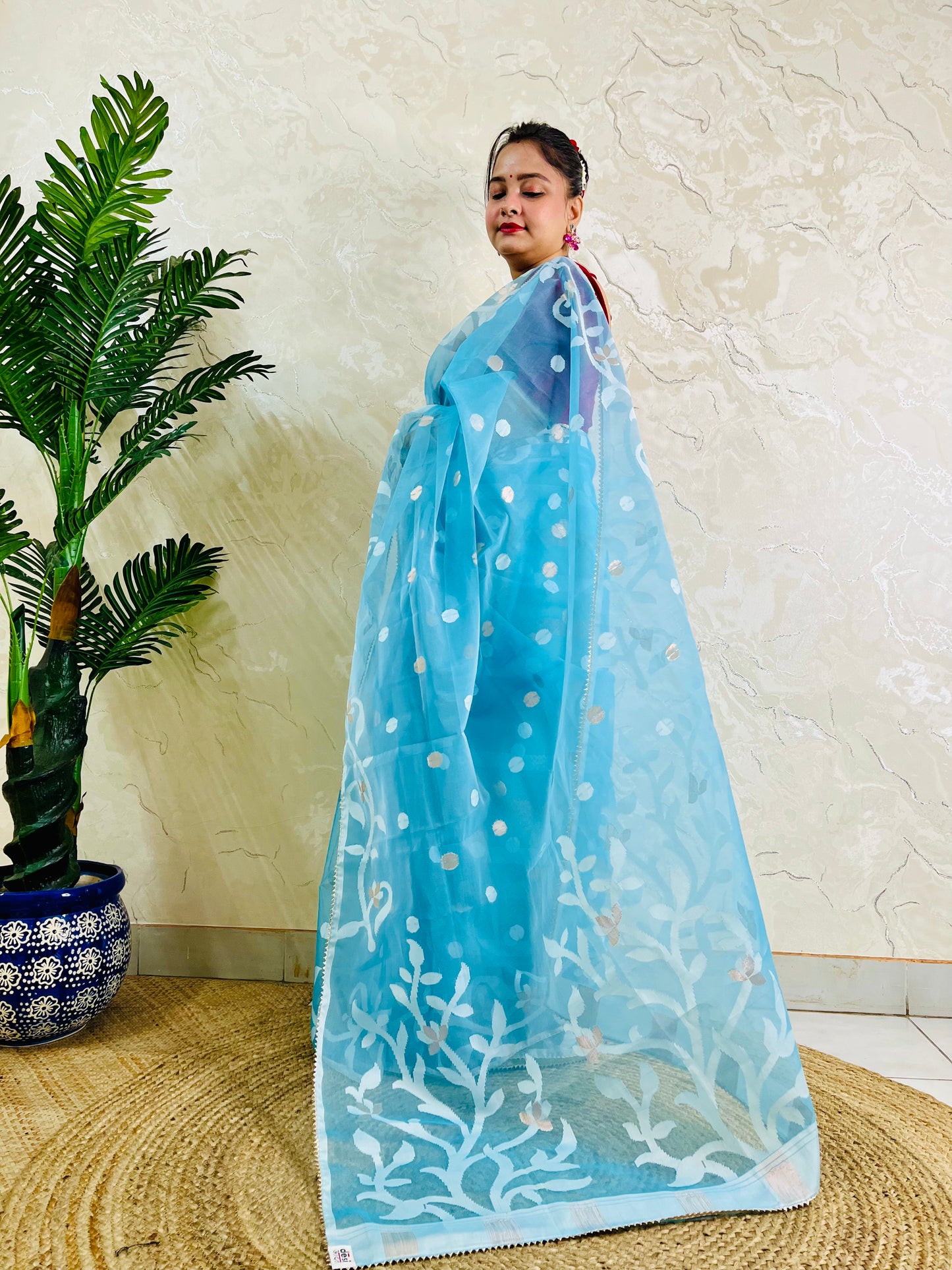 A woman wearing a light blue saree with white floral and dot patterns, standing in front of a textured beige wall next to a potted green plant.