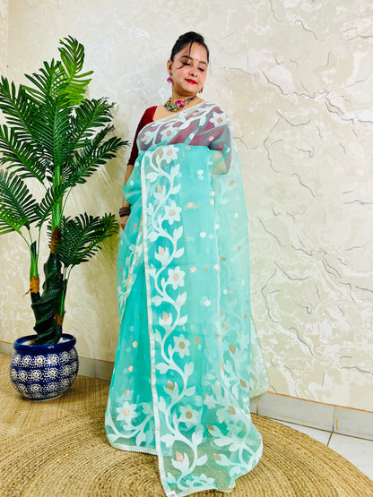 A woman wearing a light turquoise blue saree with white floral embroidery and gold accents, paired with a red blouse, standing next to a potted plant against a textured beige wall.