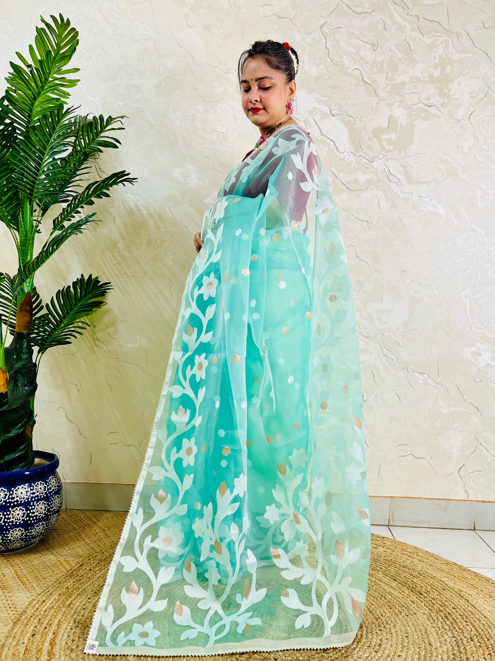 A woman wearing a mint green organza saree with white floral embroidery and gold foil accents, standing indoors next to a potted plant.