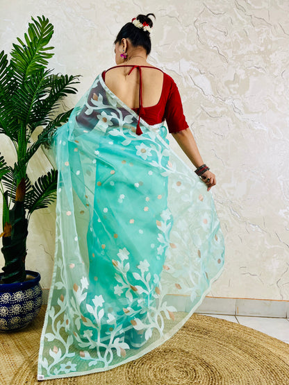 A woman wearing a mint green and white floral printed saree with a red sleeveless blouse, standing indoors next to a potted plant against a textured cream wall.