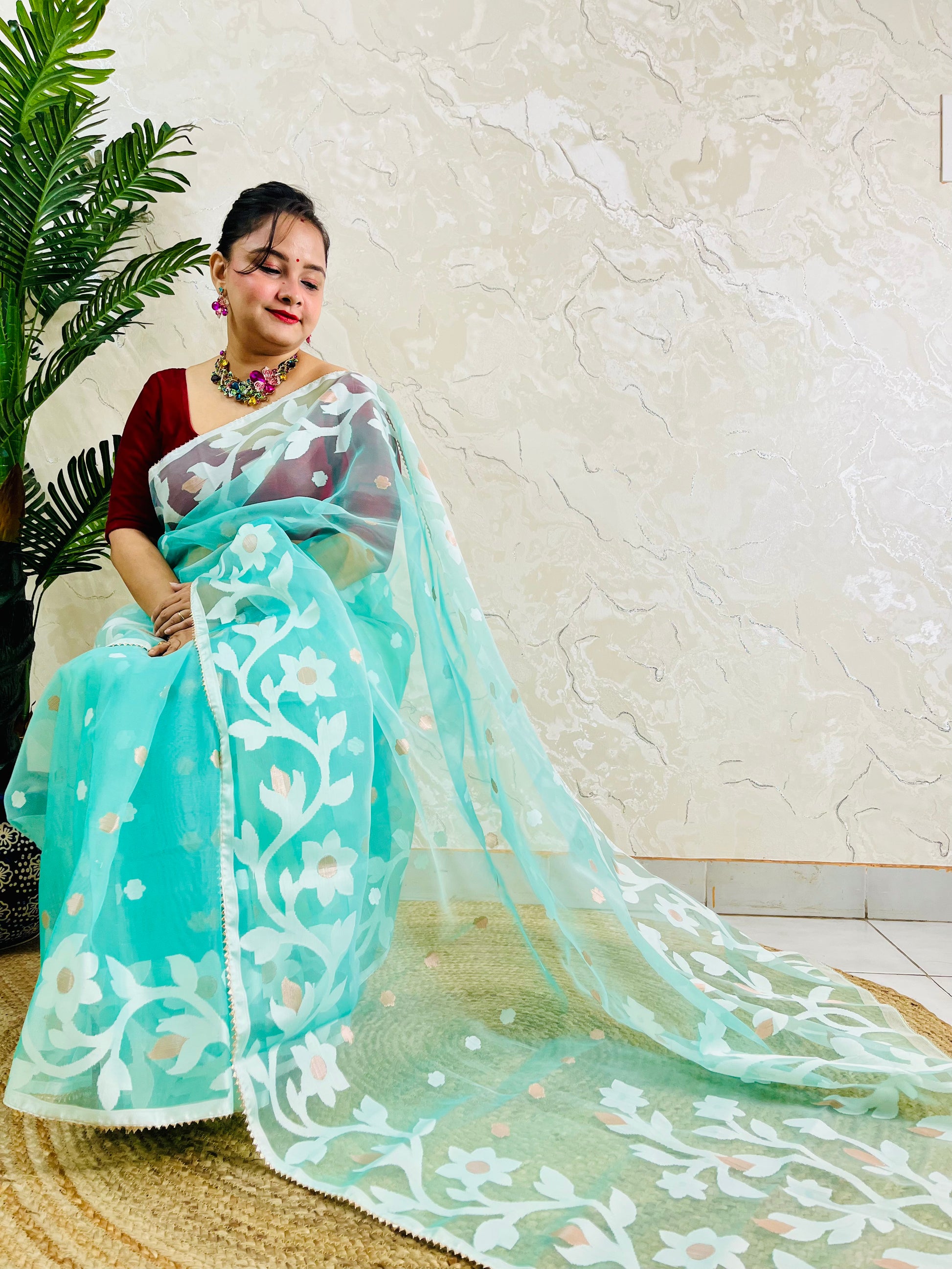 A woman wearing a light turquoise blue saree with white floral embroidery and a dark red blouse, standing in front of a textured beige wall with a green plant on the left.
