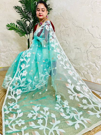 A woman wearing a light teal-green saree with white floral embroidery and a matching dupatta, posed in front of a textured beige wall with a potted plant.