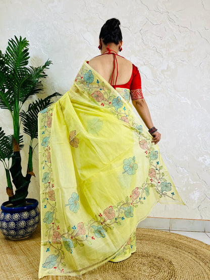Pastel yellow Kantha stitch saree on semi Tussar silk, back standing view