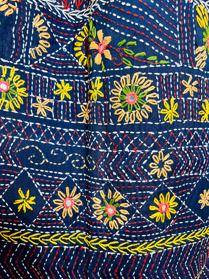 Close-up detail of arch pattern Lambani embroidery on deep indigo silk saree